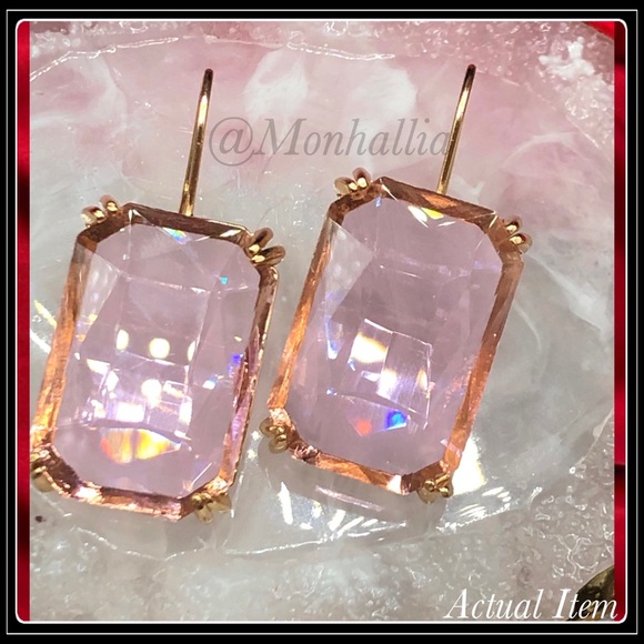 14K GOLD MEGA EMERALD CUT SIMULATED CLEAR PINK TOPAZ CUSHION EARRINGS - Picture 4 of 5